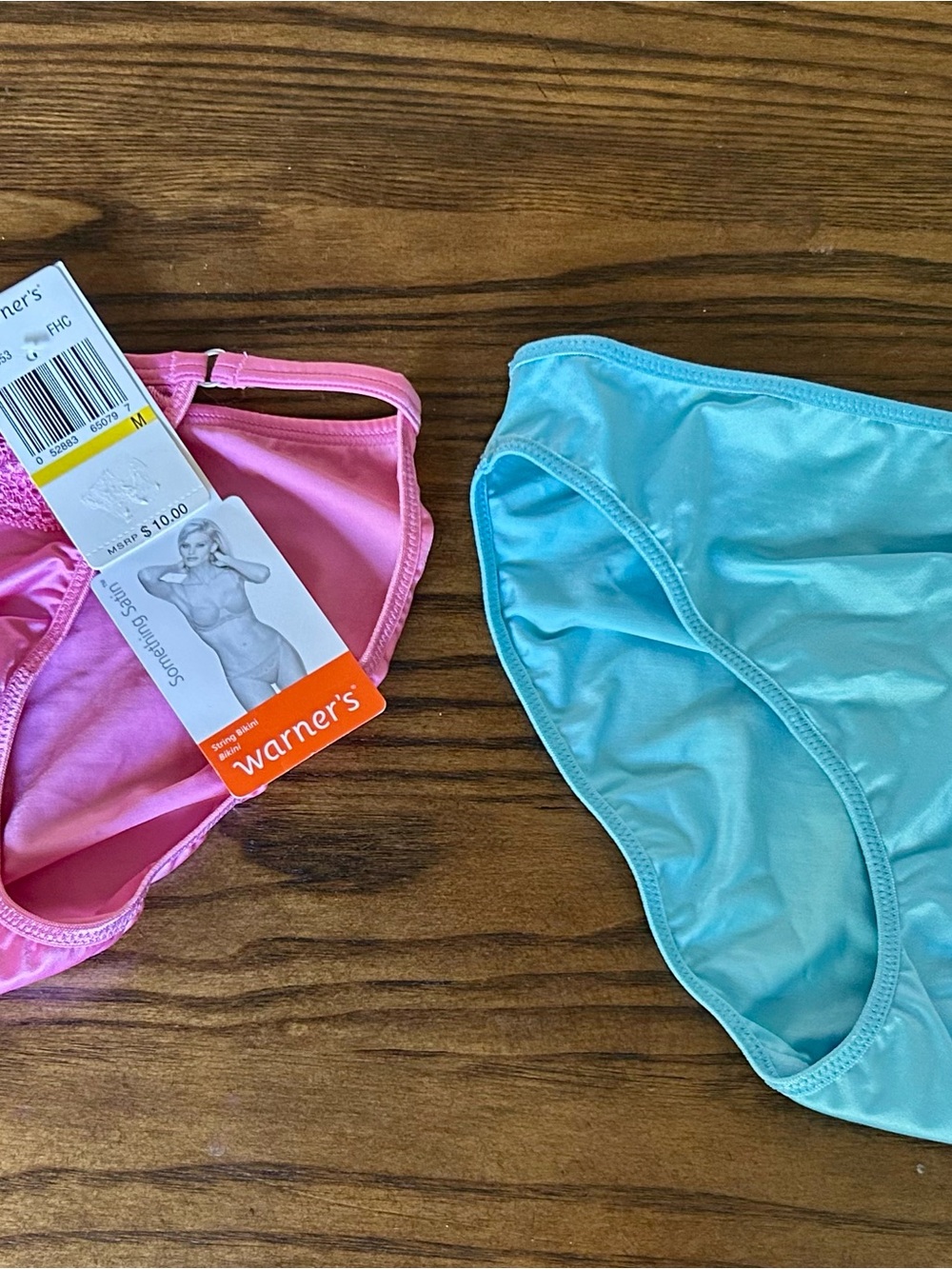 Warner's Satin Pink String Bikini Bottoms (M) & Aqua Bikini Bottoms (L) NWT